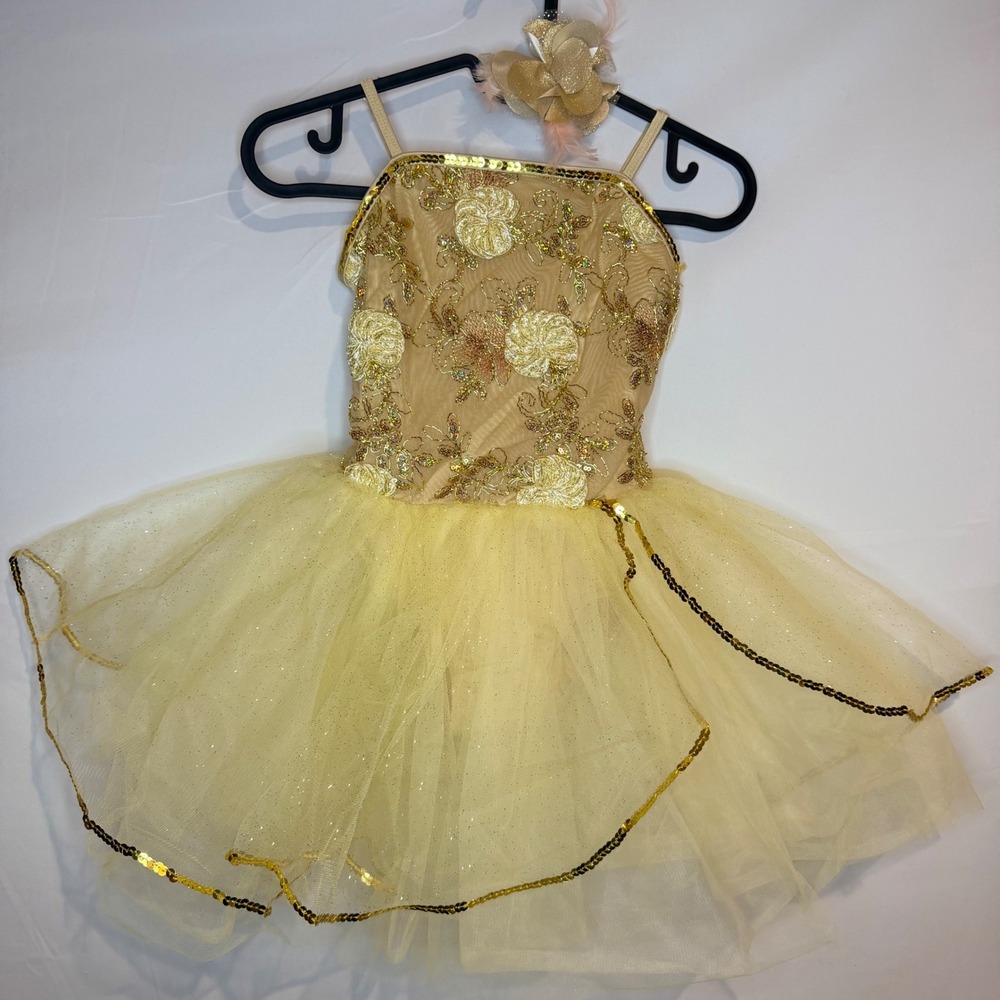 La Petite Ballerina Girls Gold Floral Sequin Tulle Dance Costume Tutu Size MC